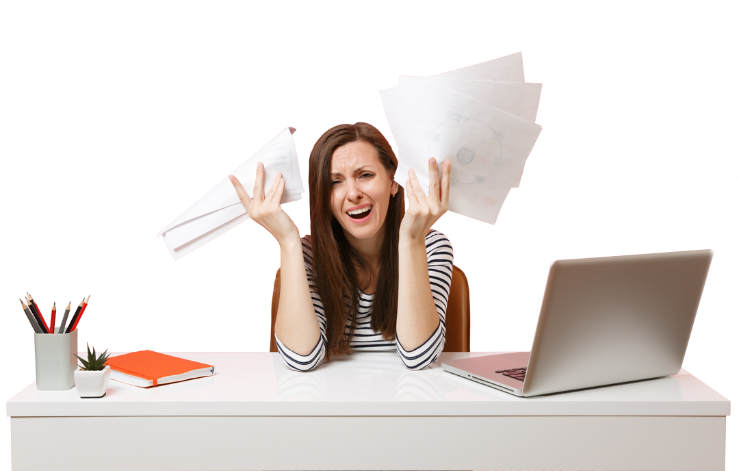 woman at desk frustrated