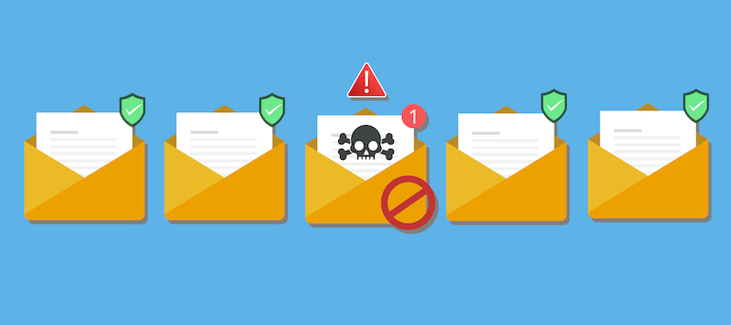 Email / envelope with black document and skull icon. Virus, malware, email fraud, e-mail spam, phishing scam, hacker attack concept. 