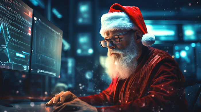 Santa working on cybersecurity to prevent cyberattack.