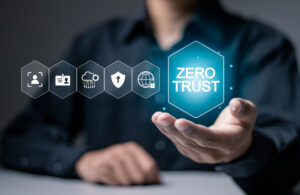 Zero trust security concept, Businessman holding zero trust icon on virtual screen for business cybersecurity.